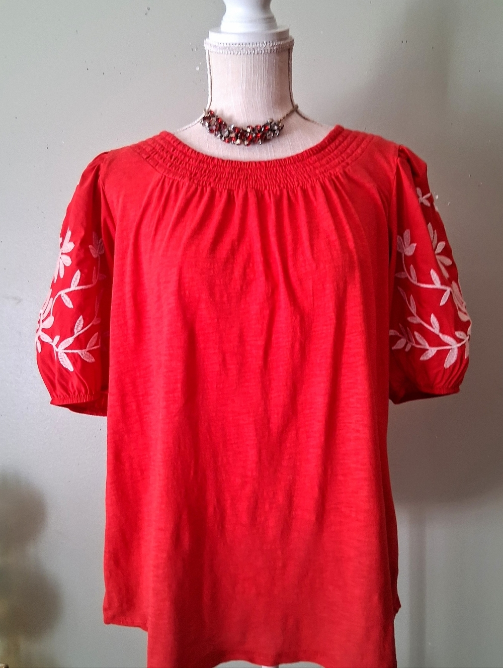 Kate & Sam - Red Embroidered Puff-Sleeve Blouse